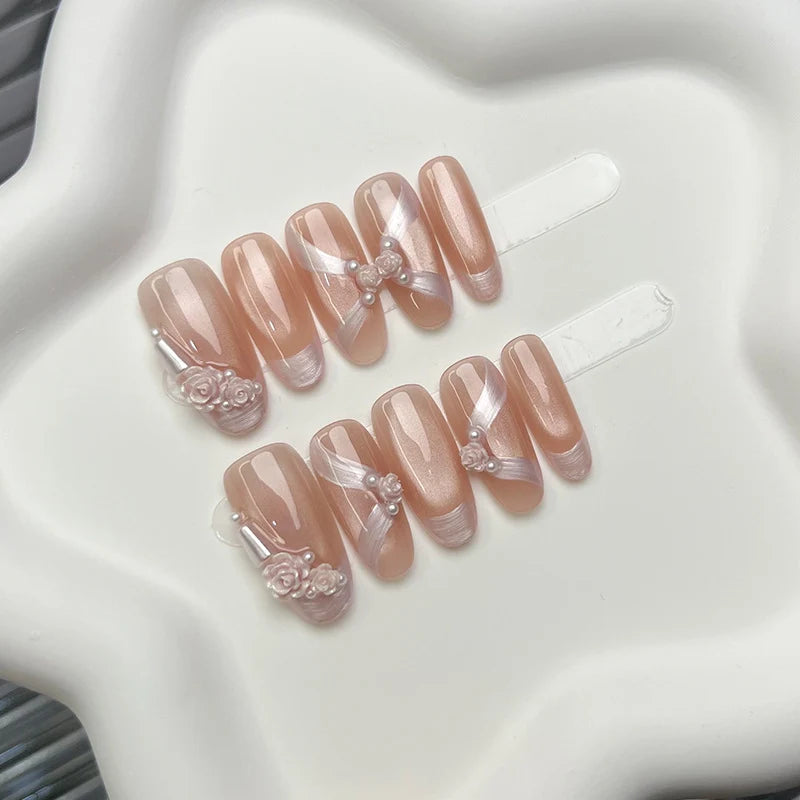 Press-On Nail Set Floral Embellished Reusable Adhesive-Backed