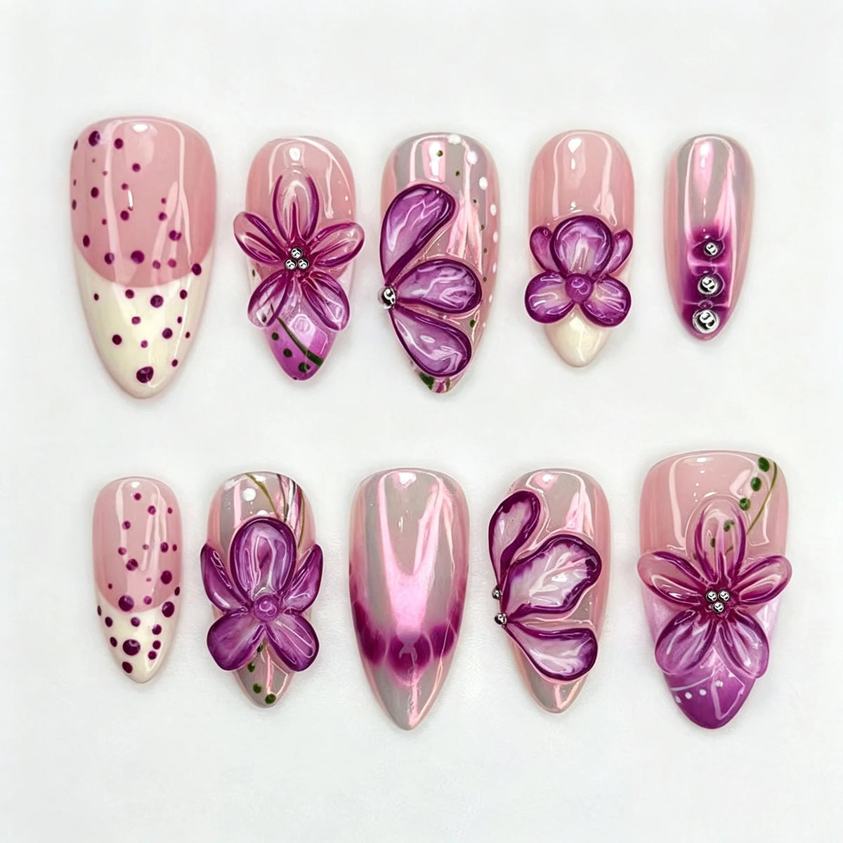 Press-On Nail Set Floral Embellished Reusable & Easy Application