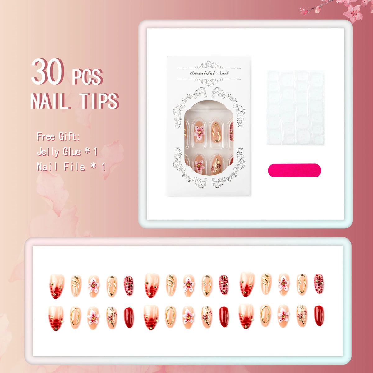 Press-On Nail Set Floral Embellished Reusable & Easy Application