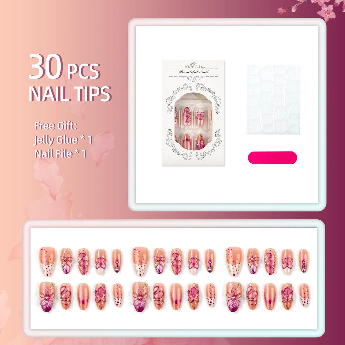 Press-On Nail Set Floral Embellished Reusable & Easy Application