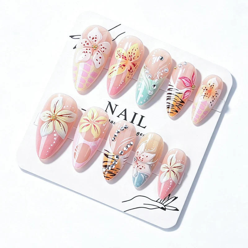 Press-On Nail Set Floral Embellished Reusable Multiple Sizes