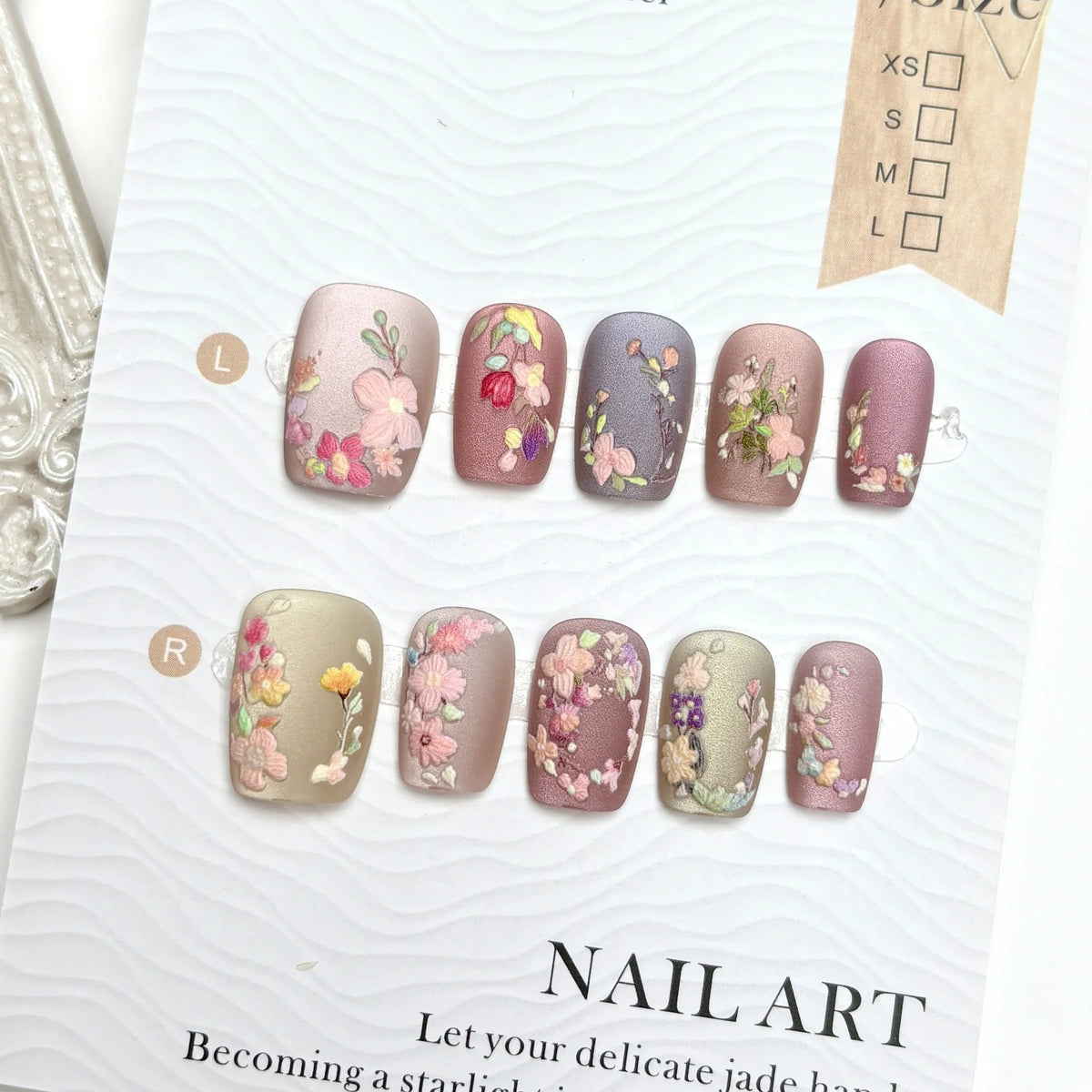 Press-On Nail Set Floral Embellished Reusable & Natural-Looking