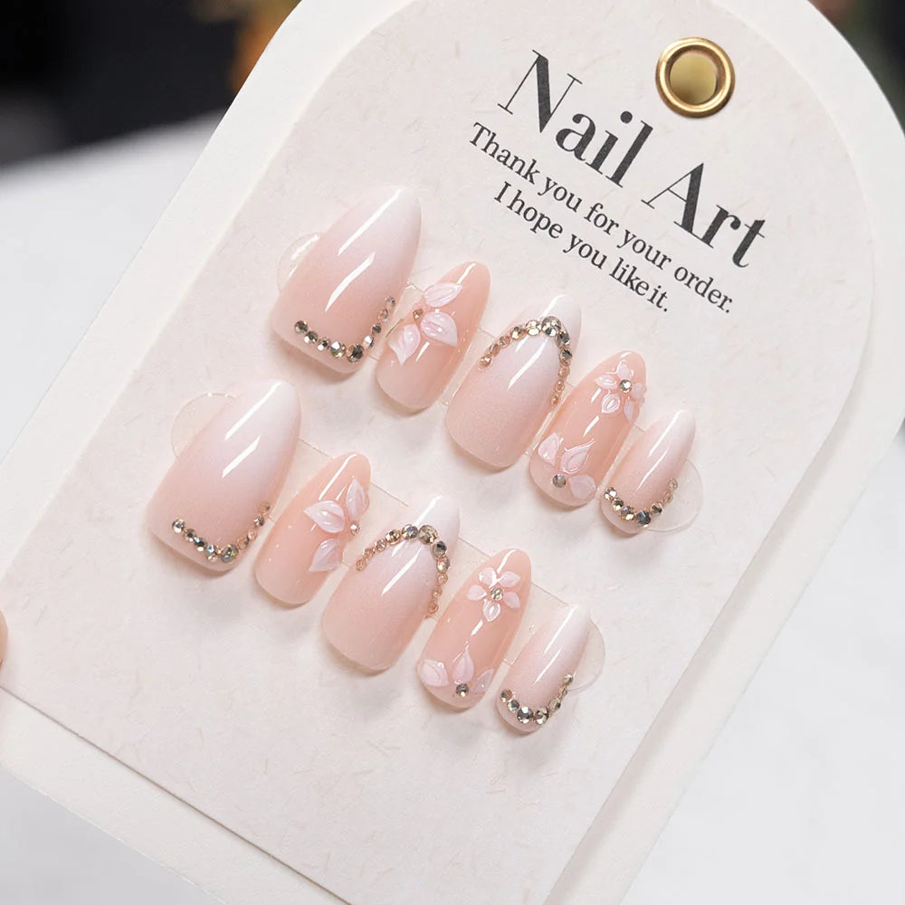 Press-On Nail Set Floral Embellished Self Adhesive Durable Finish