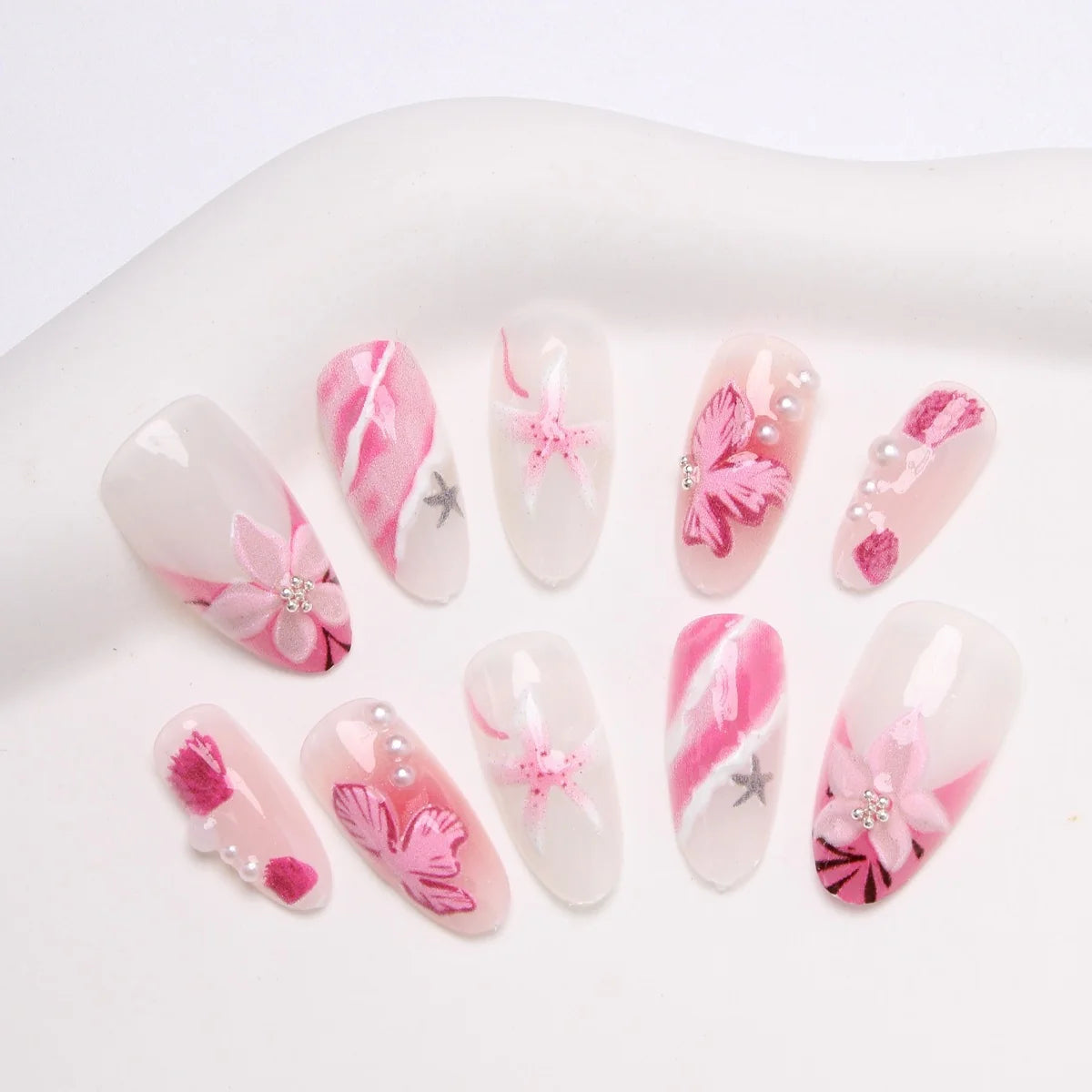 Press-On Nail Set Floral Embellished Strong Adhesive