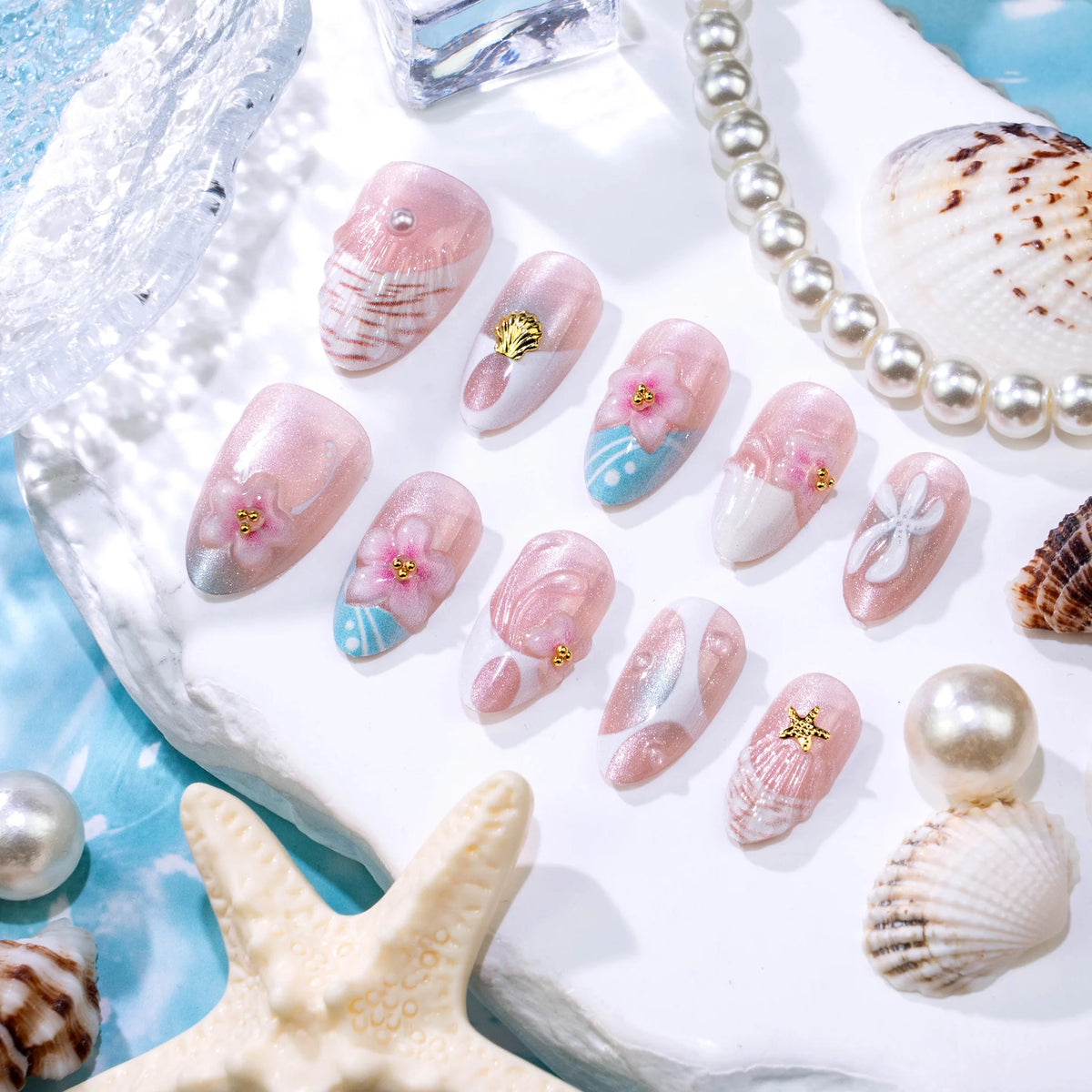 Press-On Nail Set Floral Embellished Water-Resistant Pearl Accents