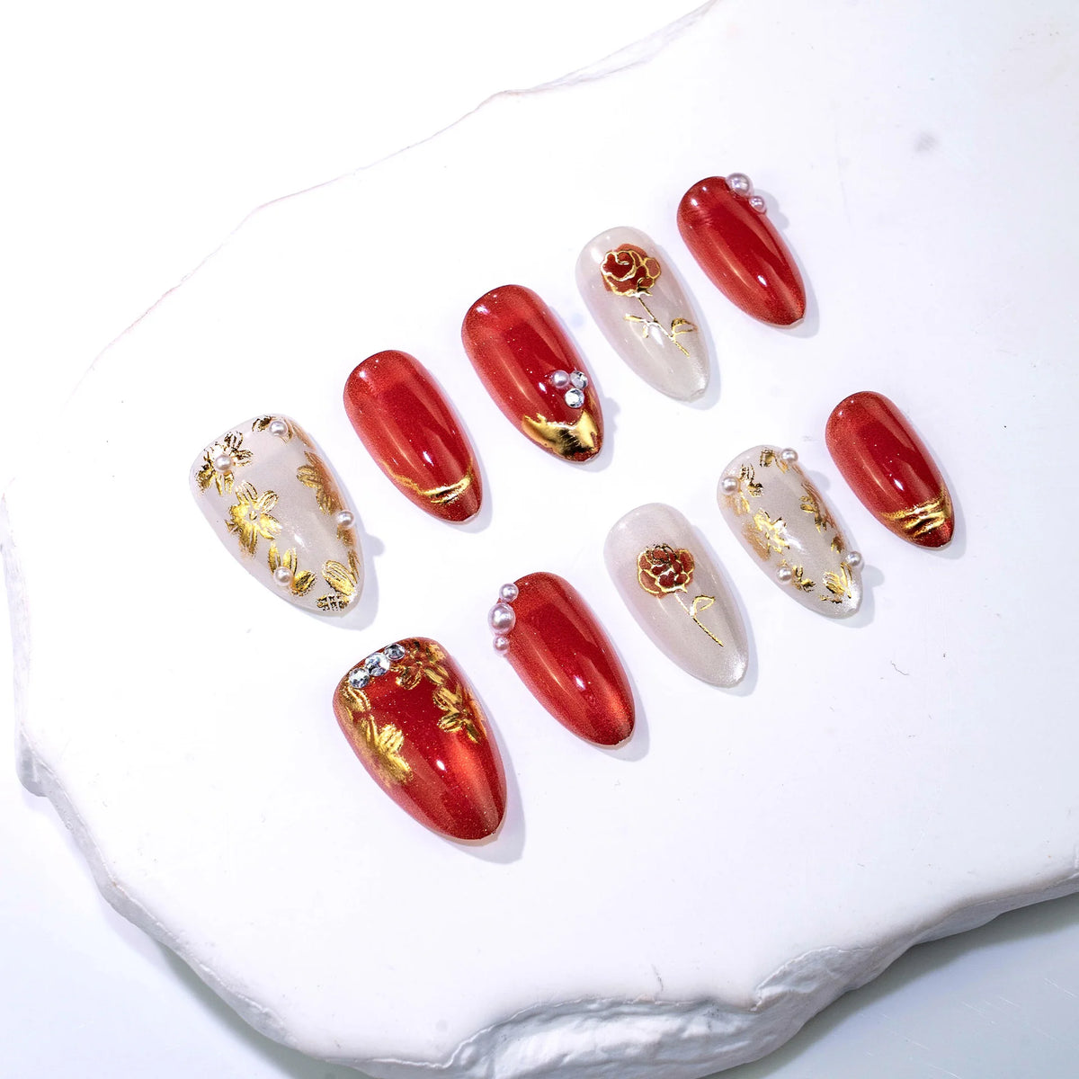 Press-On Nail Set Floral Embellishments Comfort Fit