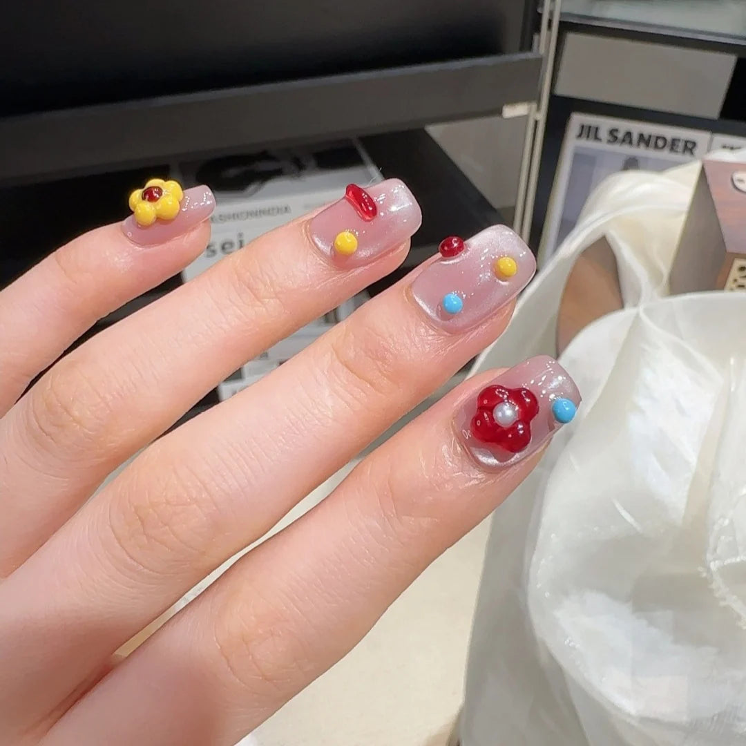 Press-On Nail Set Floral Embellishments Easy Application Comfortable Fit
