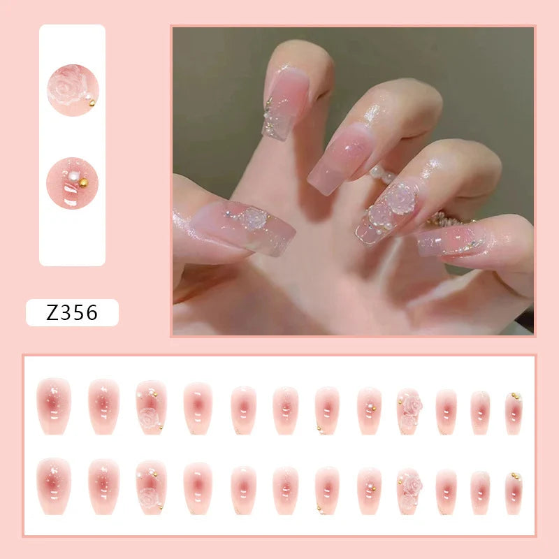 Press-On Nail Set Floral Embellishments Glue-On & Long-Lasting Wear