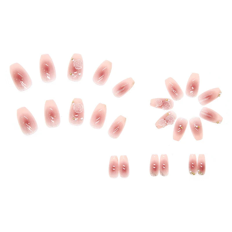 Press-On Nail Set Floral Embellishments Glue-On & Long-Lasting Wear