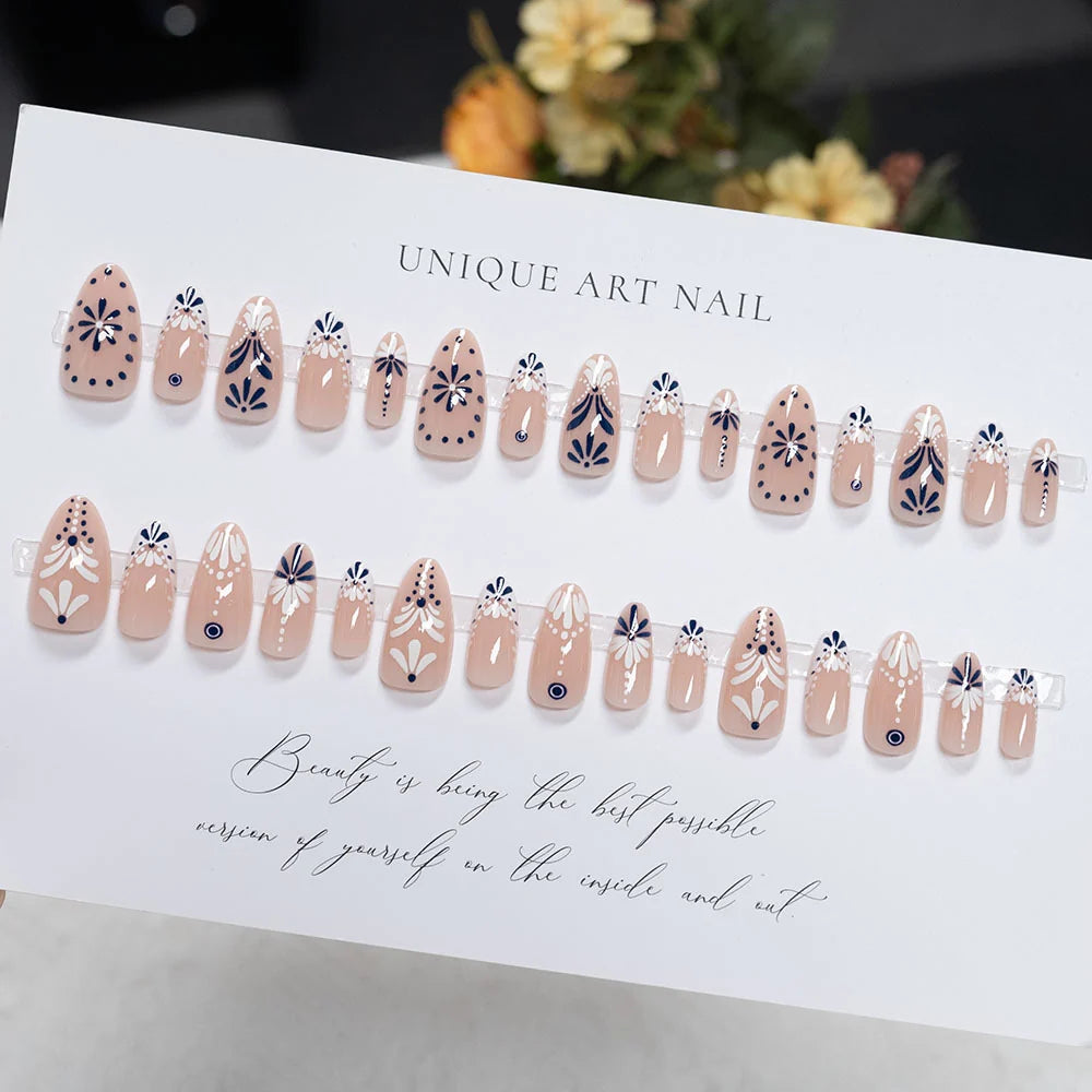 Press-On Nail Set Floral Embellishments Jelly Finish Chip-Resistant