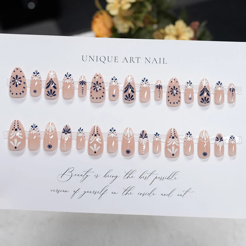 Press-On Nail Set Floral Embellishments Jelly Finish Chip-Resistant