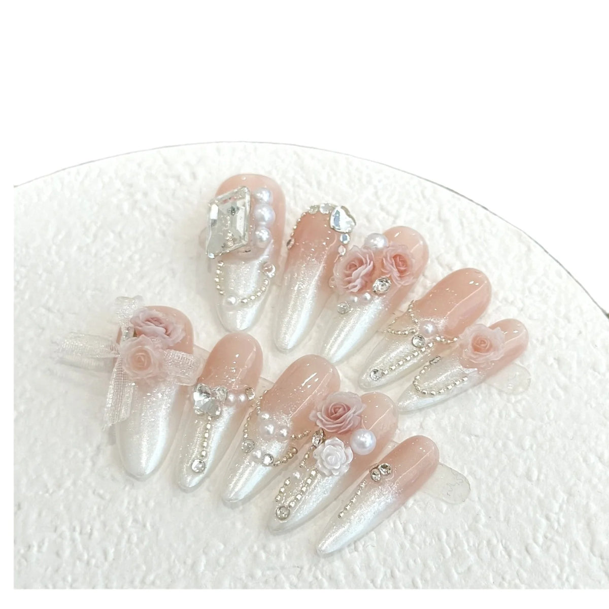Press-On Nail Set Floral Embellishments & Pearls Comfort Fit