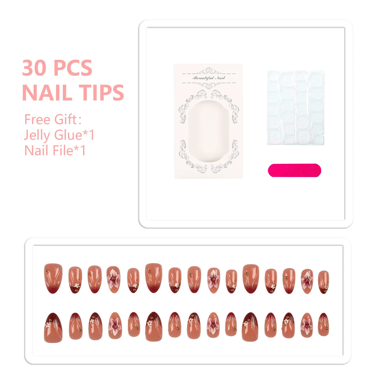 Press-On Nail Set Floral Embellishments Peel & Stick