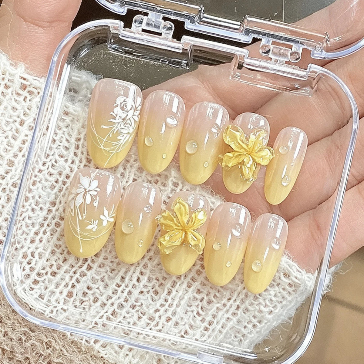 Press-On Nail Set Floral Embossed Durable Multiple Sizes