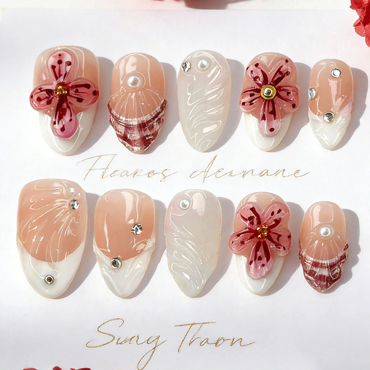 Press-On Nail Set Floral Embossed Multiple Sizes Long-Lasting Wear