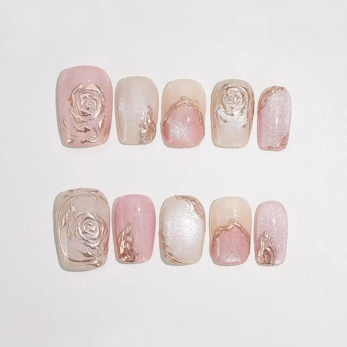 Press-On Nail Set Floral Engraved Easy Application