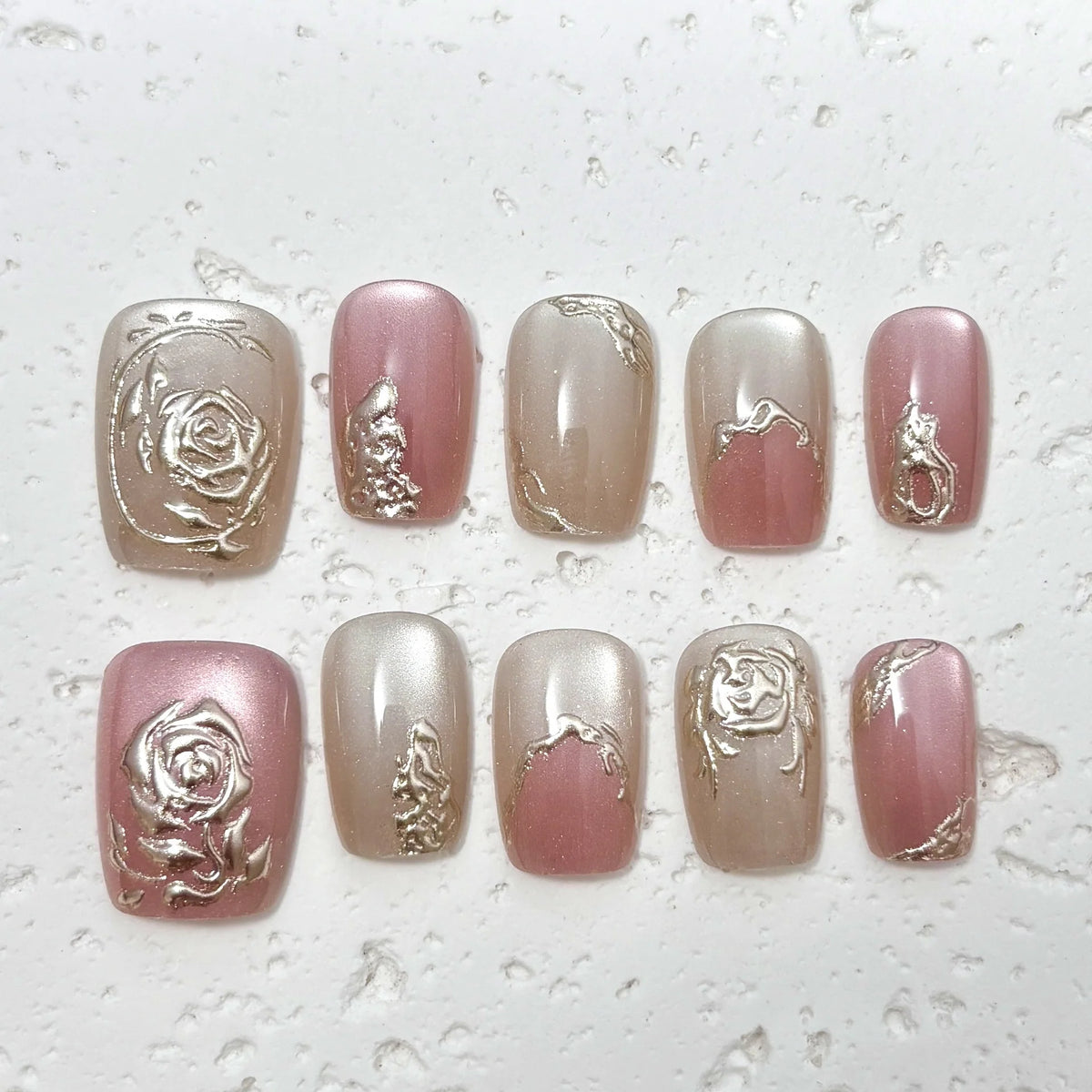 Press-On Nail Set Floral Engraved Easy Application