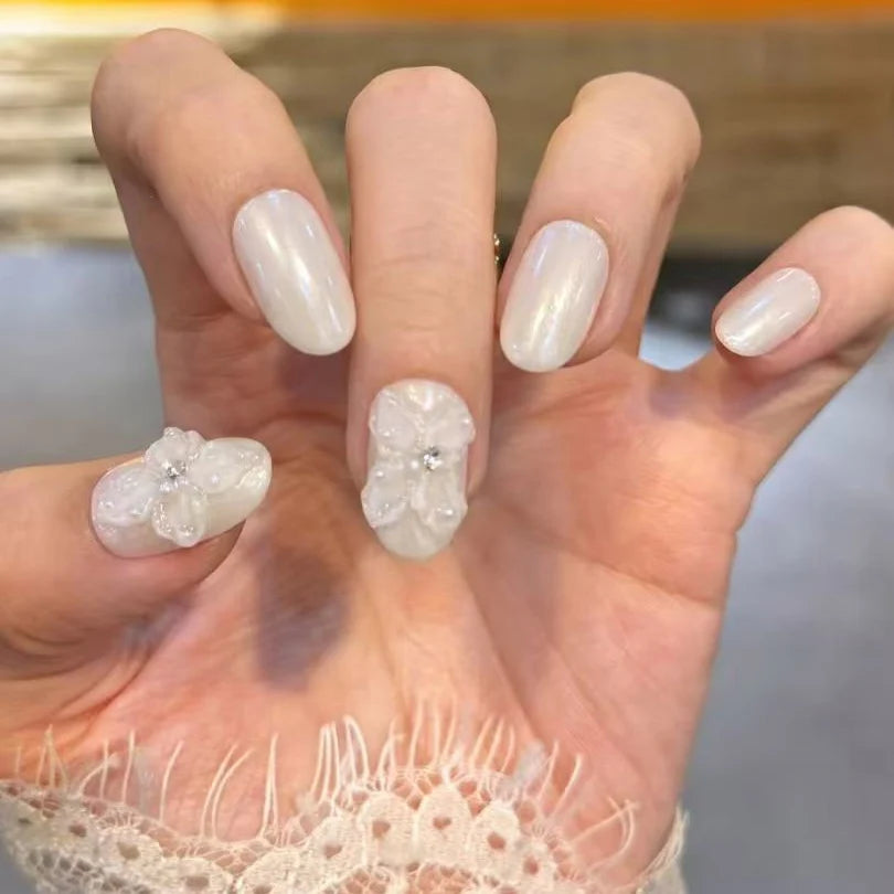 Press-On Nail Set Floral French Easy Application & Long-Lasting