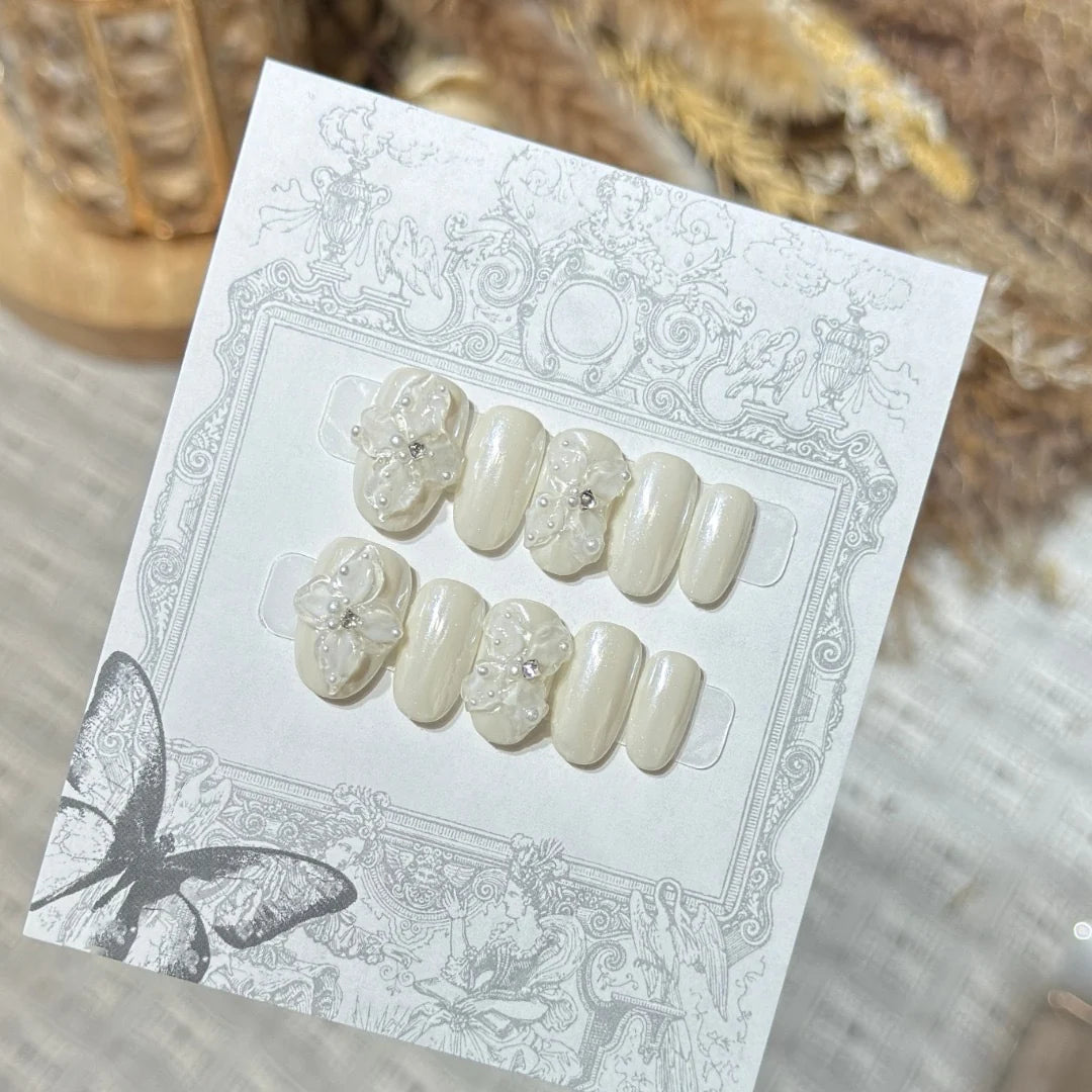Press-On Nail Set Floral French Easy Application & Long-Lasting