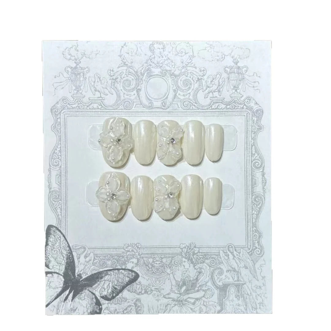 Press-On Nail Set Floral French Easy Application & Long-Lasting
