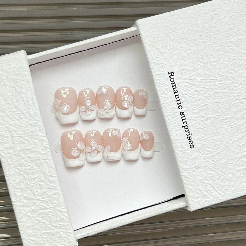 Press-On Nail Set Floral French Tip Long-Lasting Hold
