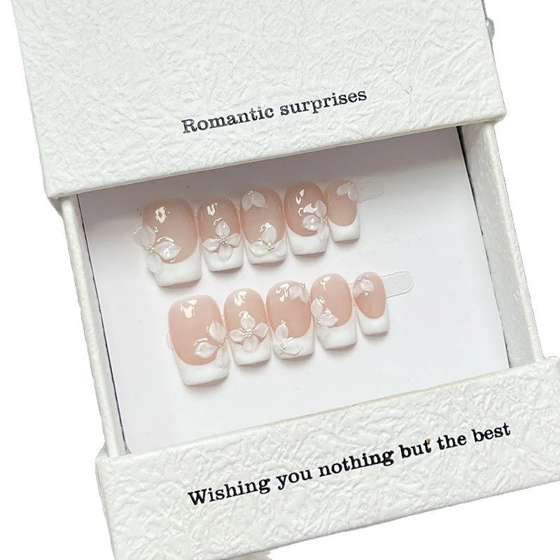 Press-On Nail Set Floral French Tip Long-Lasting Hold