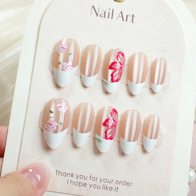 Press-On Nail Set Floral French Tip Reusable