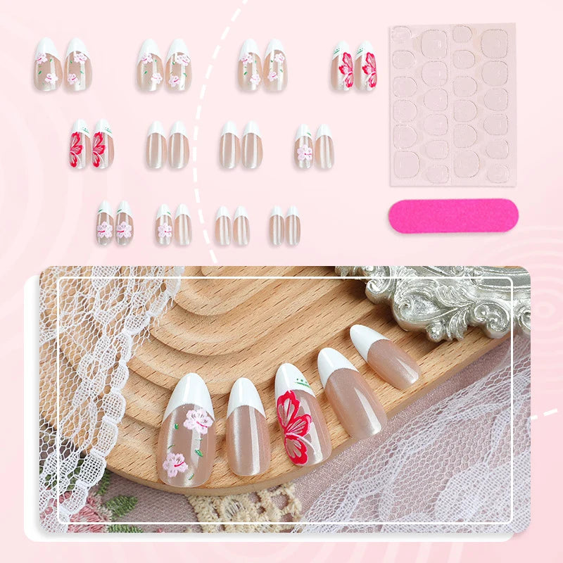 Press-On Nail Set Floral French Tip Reusable