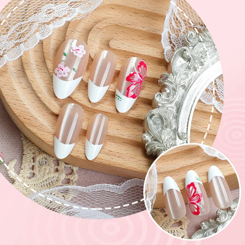 Press-On Nail Set Floral French Tip Reusable