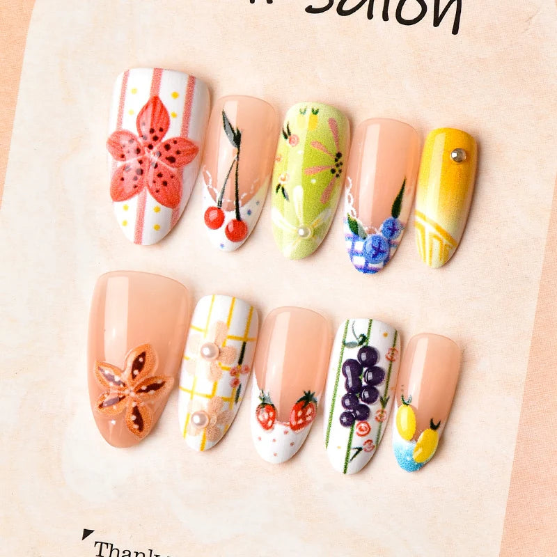Press-On Nail Set Floral & Fruit Designs Easy Application