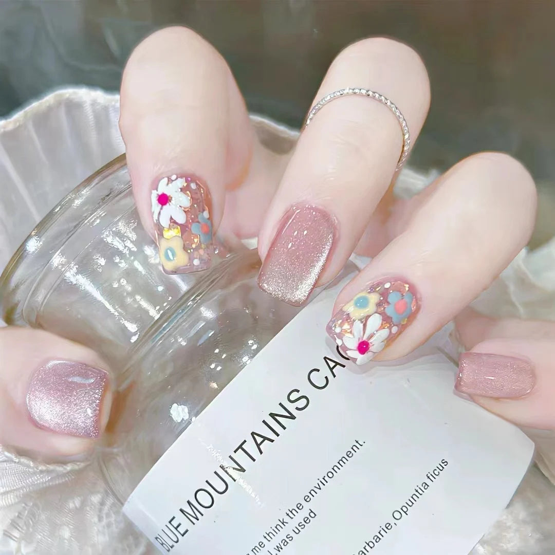 Press-On Nail Set Floral Gel Long Lasting Gloss