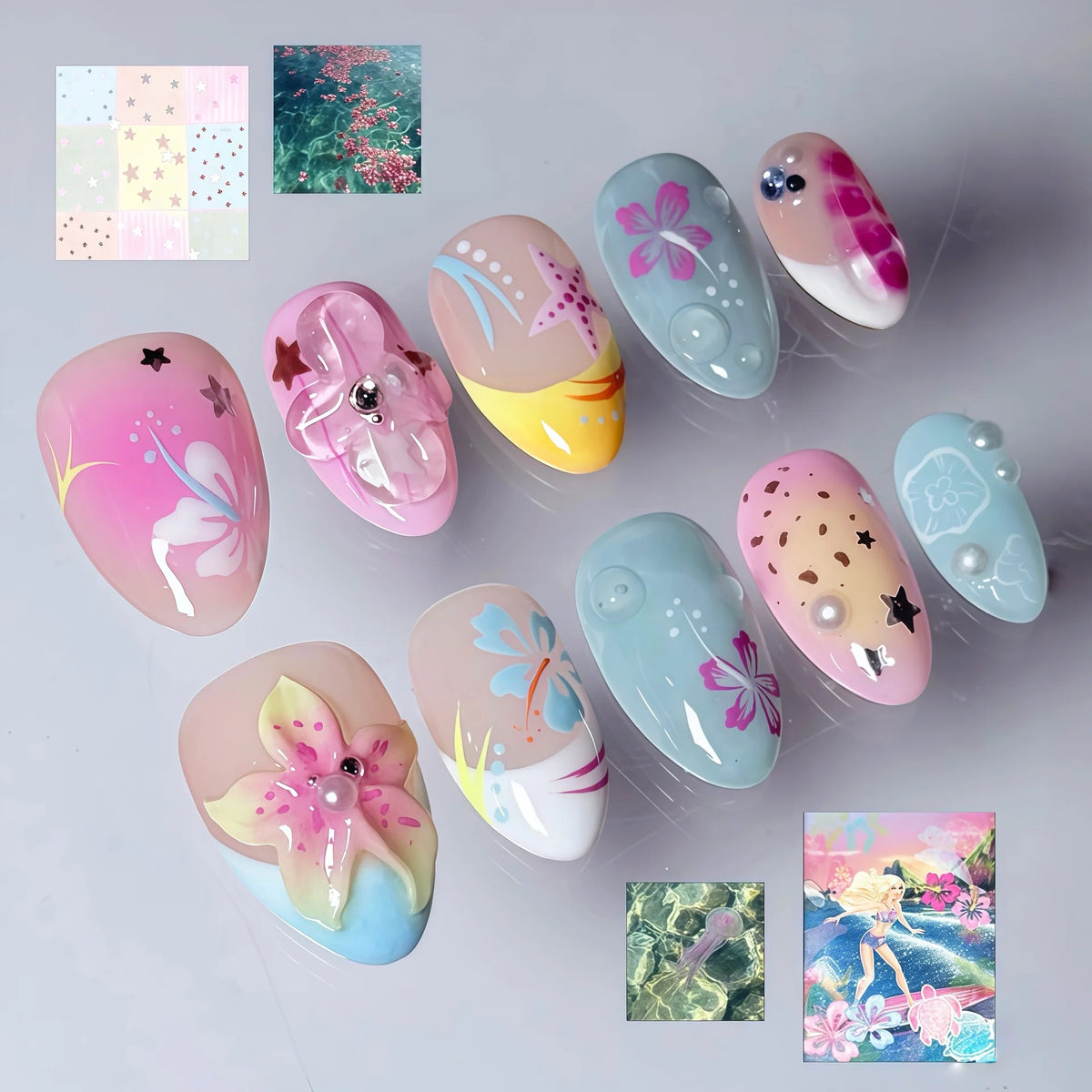 Press-On Nail Set Floral & Gem Accents Easy Application