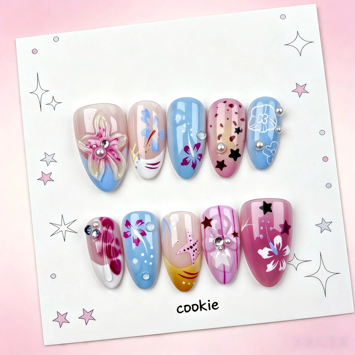 Press-On Nail Set Floral & Gem Accents Easy Application