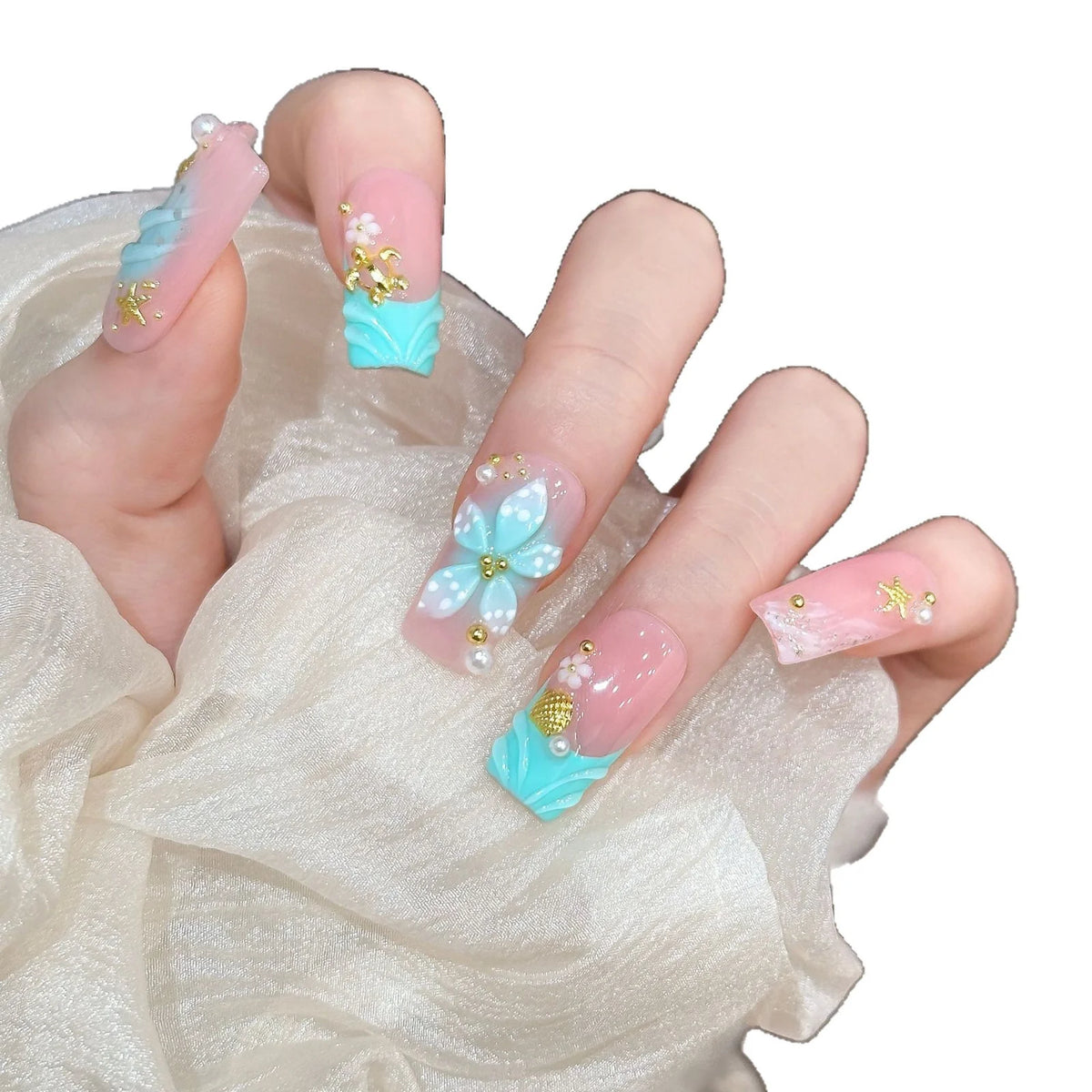 Press-On Nail Set Floral & Gem Accents Easy Application