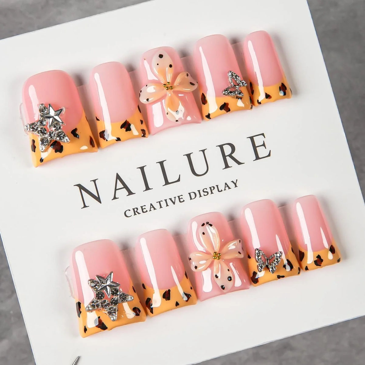 Press-On Nail Set Floral Gem Accents Glue-Free