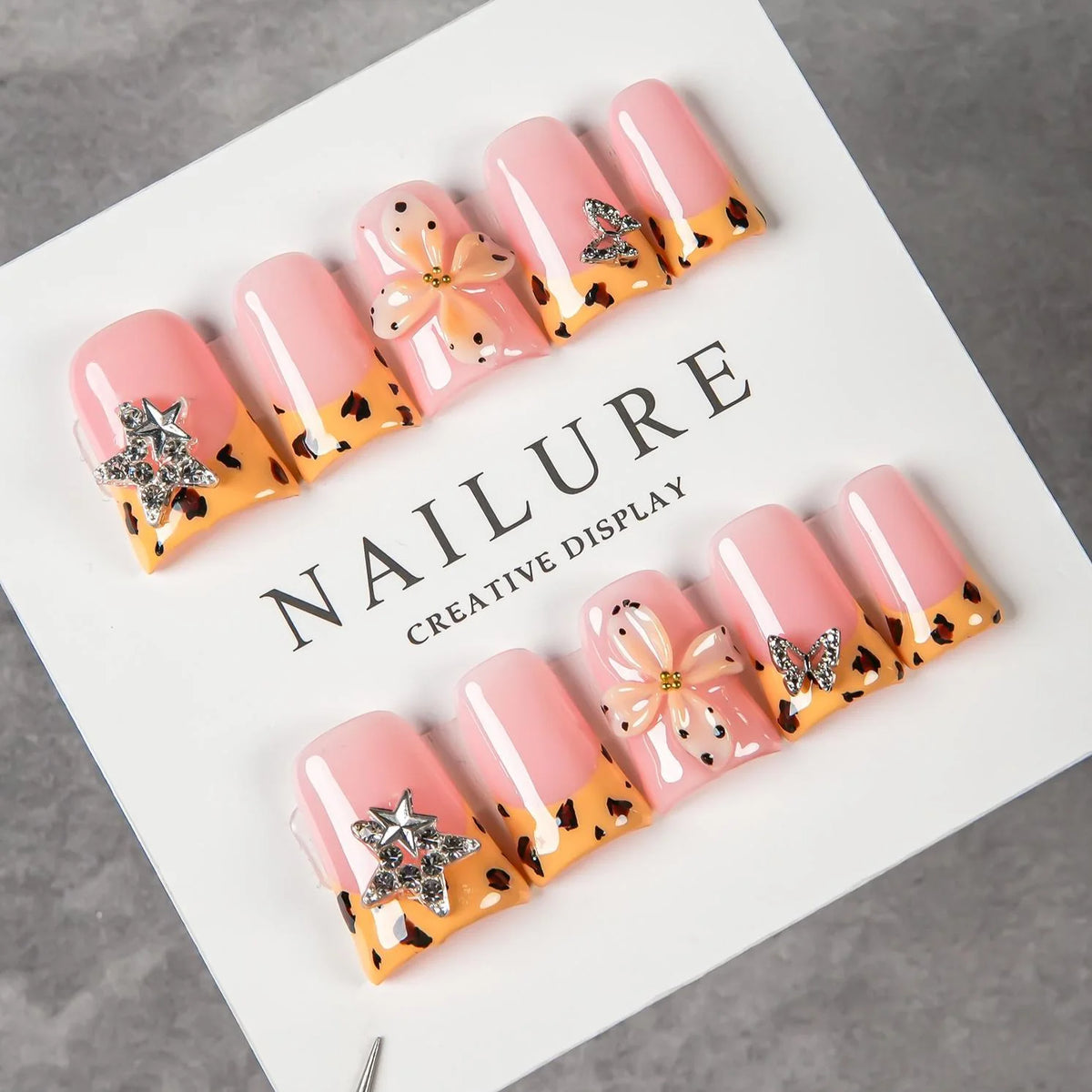 Press-On Nail Set Floral Gem Accents Glue-Free