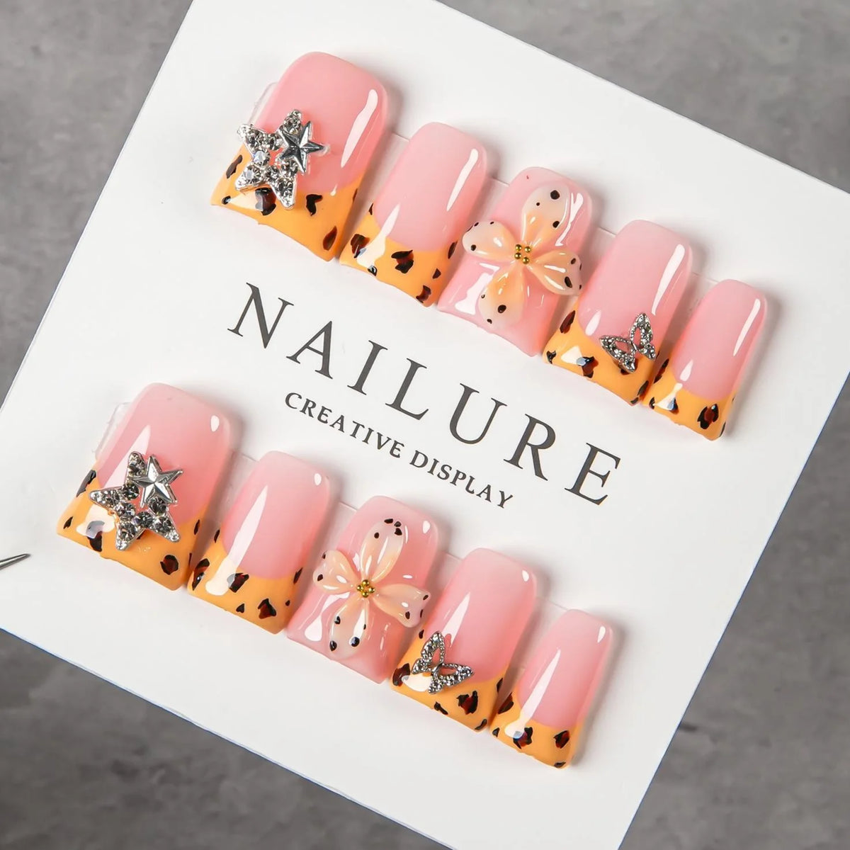 Press-On Nail Set Floral Gem Accents Glue-Free