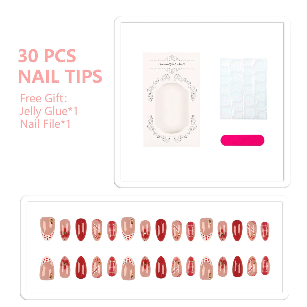 Press-On Nail Set Floral & Gem Accents Glue-Free