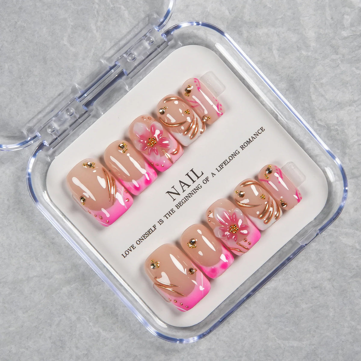 Press-On Nail Set Floral & Gem Accents Glue-Free Multiple Sizes