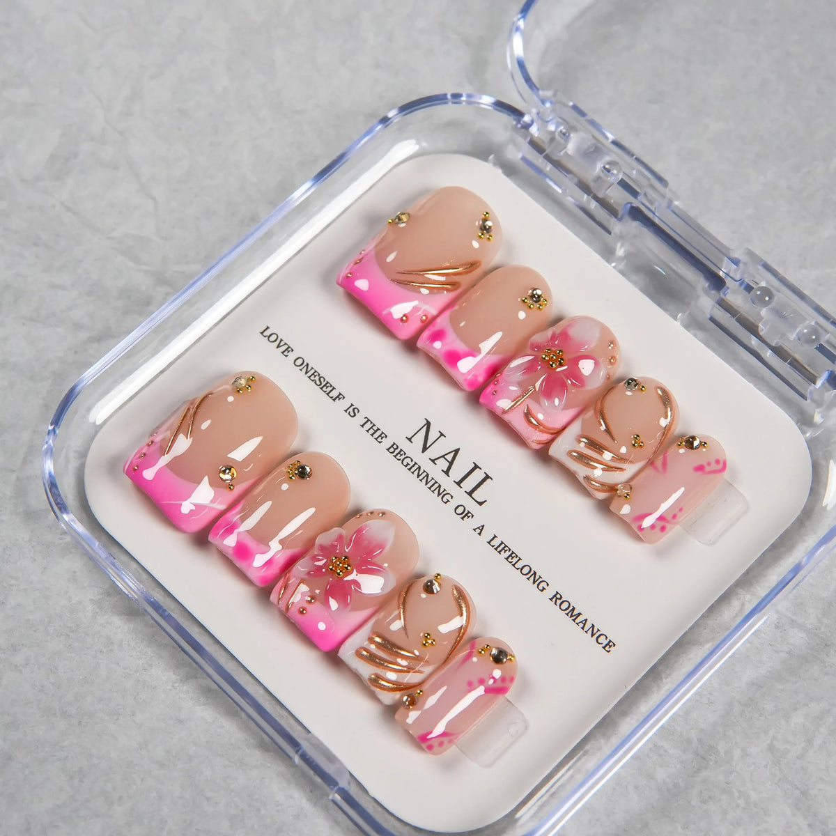 Press-On Nail Set Floral & Gem Accents Glue-Free Multiple Sizes