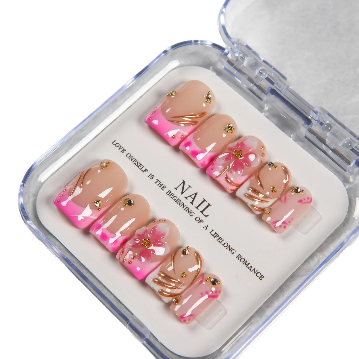 Press-On Nail Set Floral & Gem Accents Glue-Free Multiple Sizes