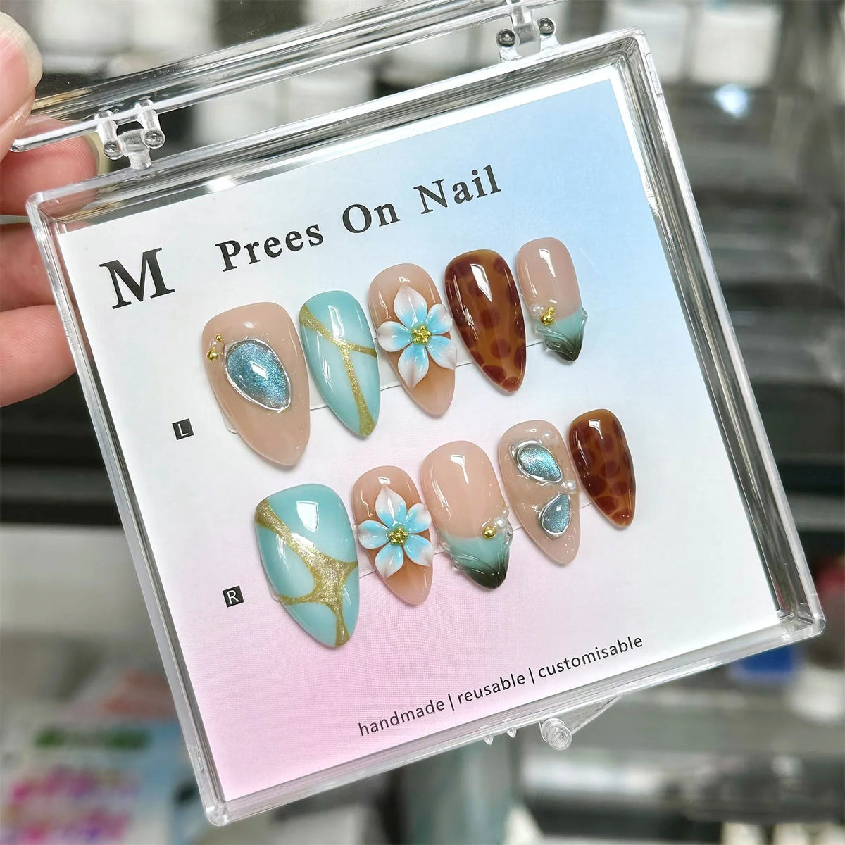 Press-On Nail Set Floral & Gem Accents Multiple Sizes