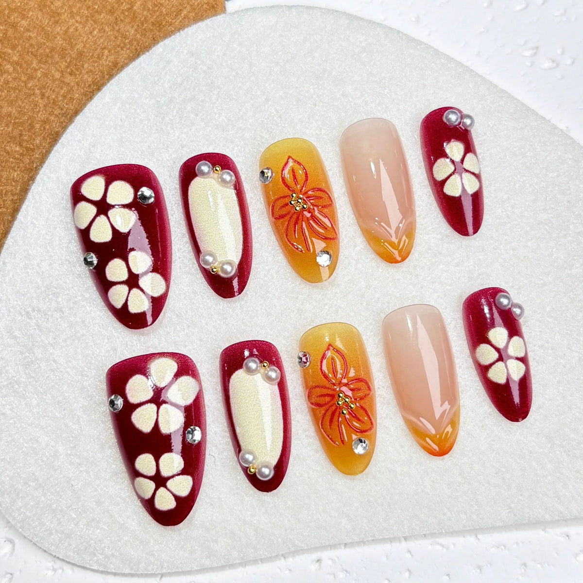 Press-On Nail Set Floral & Gem Accents Multiple Sizes