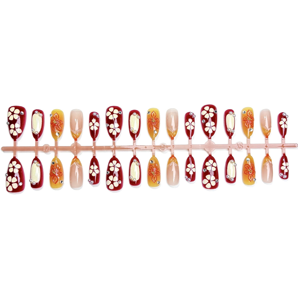 Press-On Nail Set Floral & Gem Accents Multiple Sizes