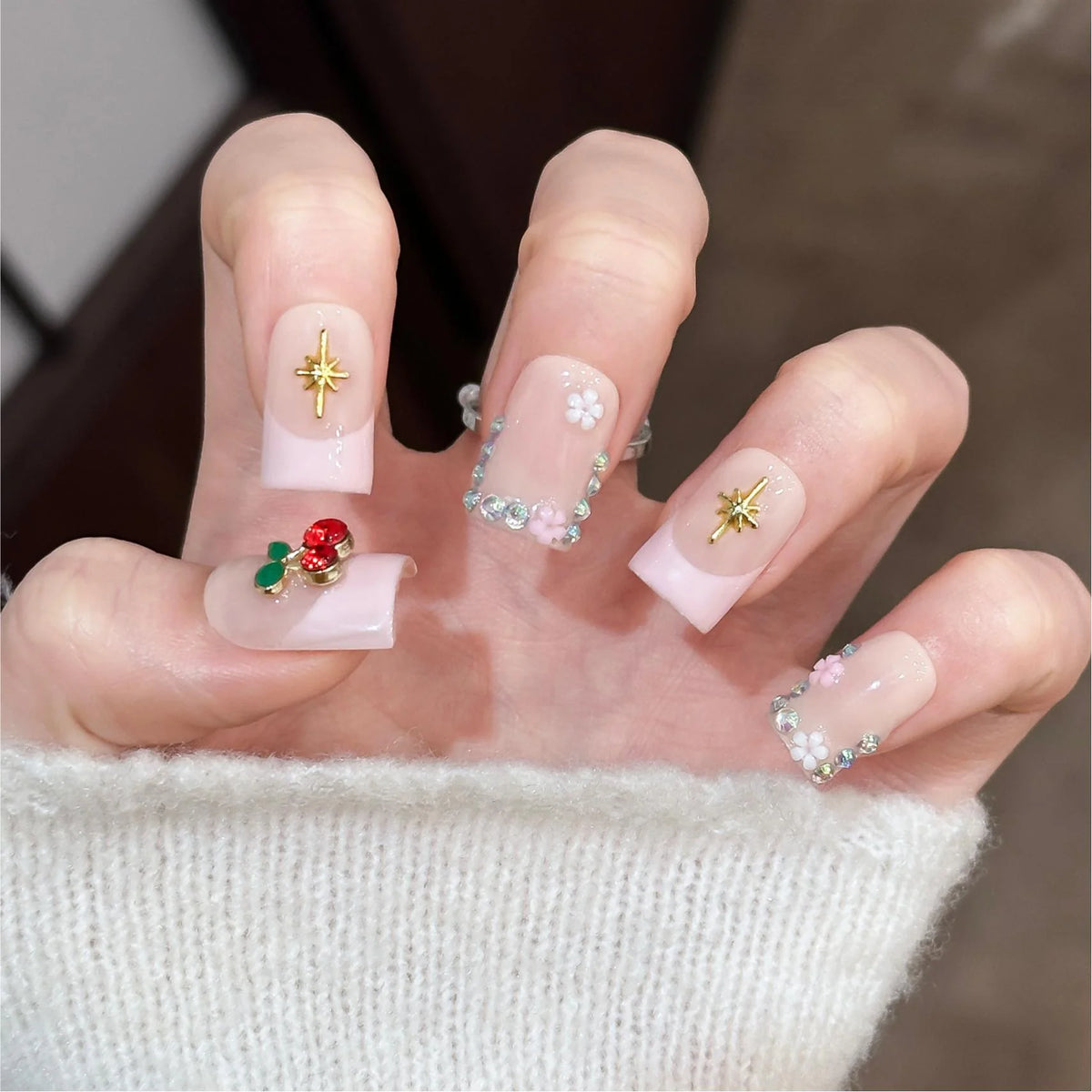 Press-On Nail Set Floral & Gem Accents Peel And Stick