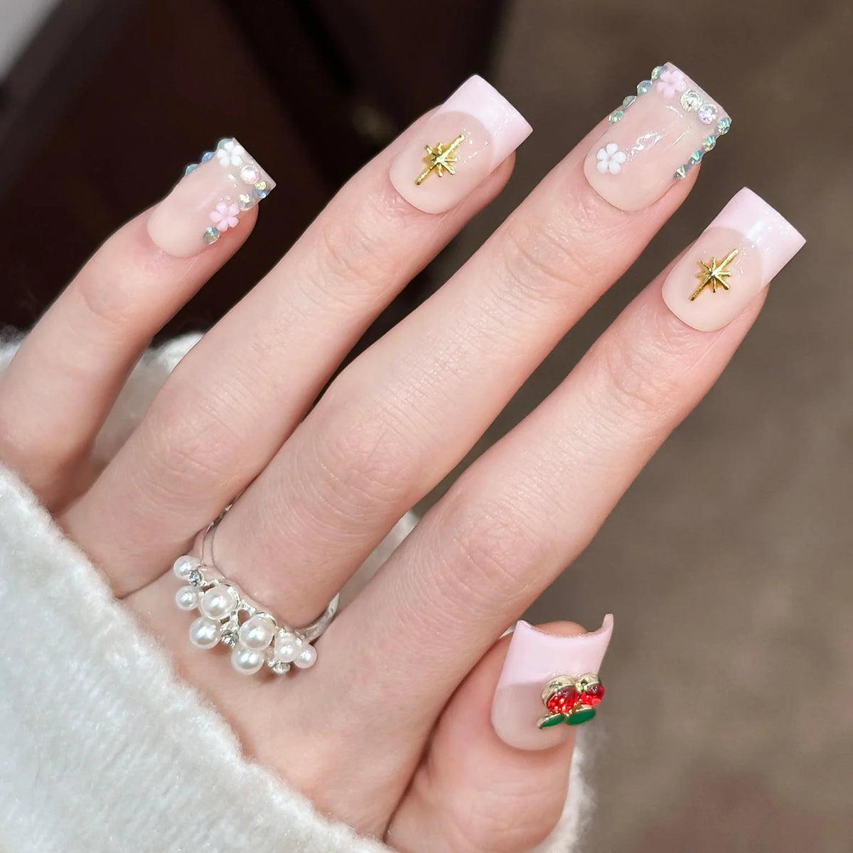 Press-On Nail Set Floral & Gem Accents Peel And Stick