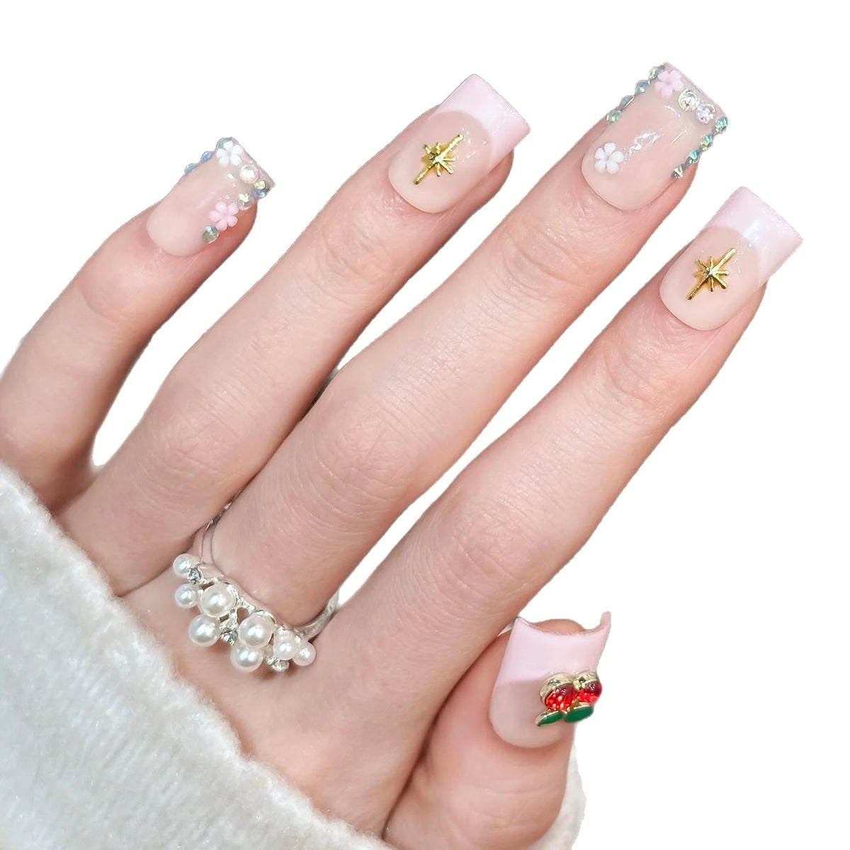 Press-On Nail Set Floral & Gem Accents Peel And Stick