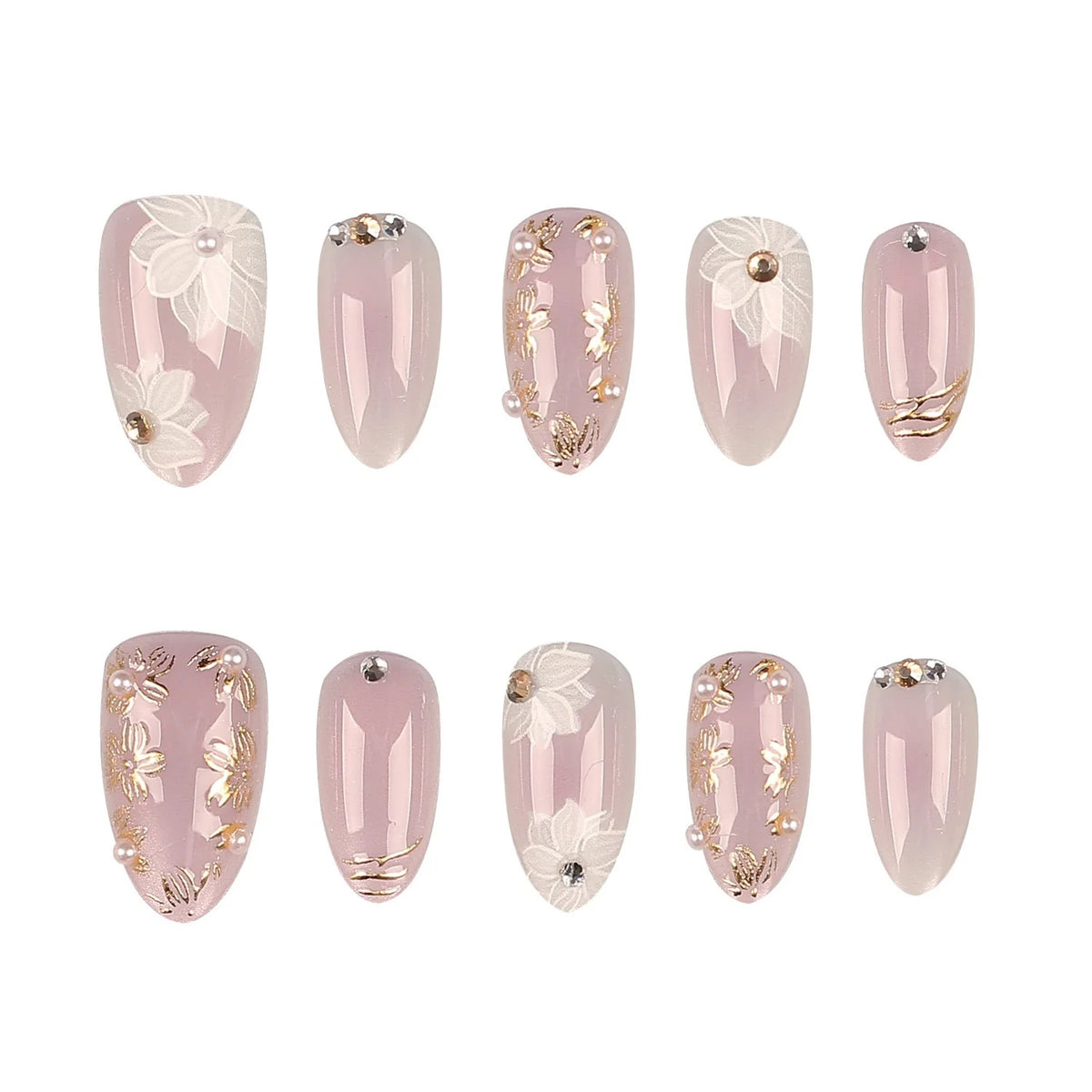Press-On Nail Set Floral Gem Accents Self-Adhesive & Reusable