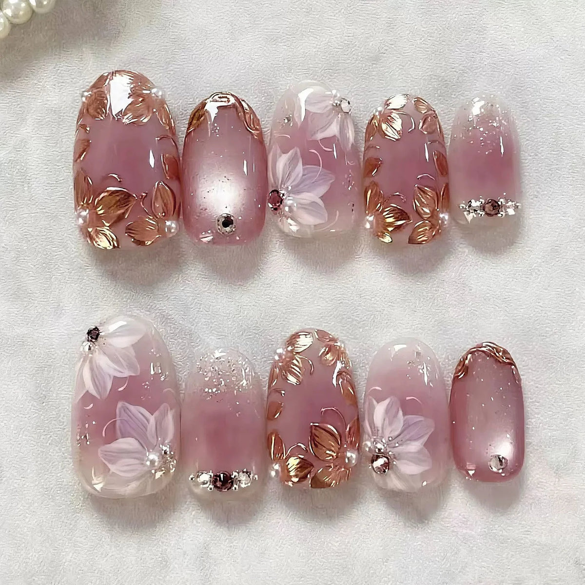 Press-On Nail Set Floral Gem Accents Self-Adhesive & Reusable
