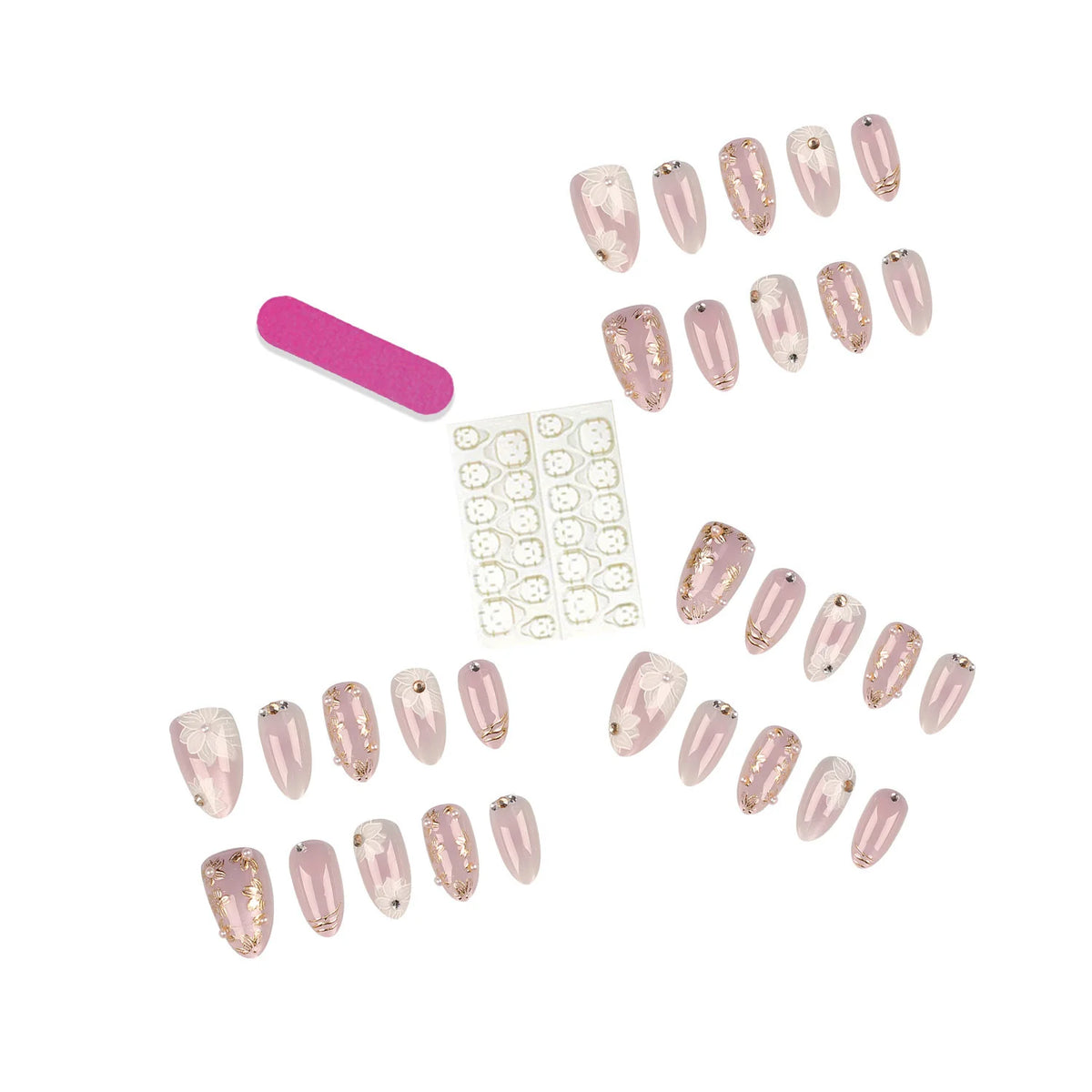 Press-On Nail Set Floral Gem Accents Self-Adhesive & Reusable
